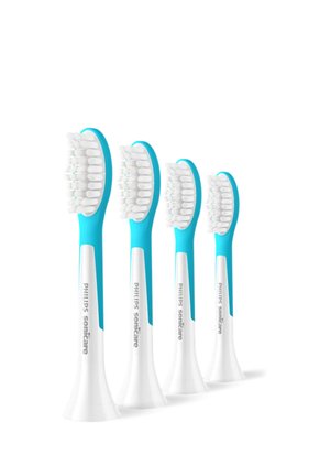 Quattro testine di ricambio per spazzolino Philips Sonicare bianche e blu in fila con setole angolate.