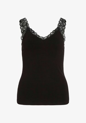 Svart ermeløs topp med blonder på stropper og halslinning, tettsittende silhuett, ensfarget stoff, uten mønster eller pynt.