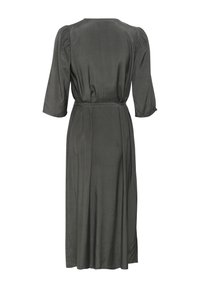 Dark gray dress made of smooth fabric, featuring three-quarter puff sleeves and a tied waist. Flows down to knee-length with a sleek design.