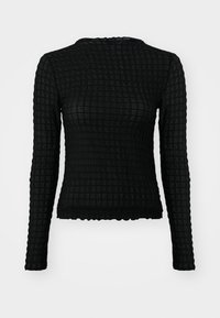 Svart langermet topp med et strukturert rutemønster, tettsittende design, bølget kant og rund halslinning. Lett materiale, noe gjennomsiktig.