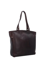 Sac fourre-tout en cuir marron au design épuré, doté de deux poignées robustes et de détails de couture subtils. Texture lisse avec une forme structurée.