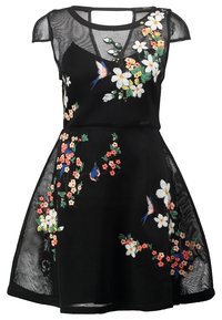Svart mesh-klänning med blommig broderi av färgglada blommor och fåglar, korta ärmar och en A-linjeformad silhuett.