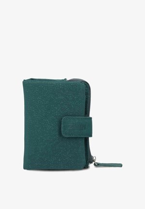 Teal textured leather wallet with snap closure and zipper compartment, compact and rectangular with brand name embossed on the clasp.