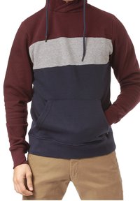 Sudadera con capucha en burdeos, gris y azul marino. Cuenta con un bolsillo tipo canguro, capucha con cordón y puños acanalados. Material suave de mezcla de algodón.