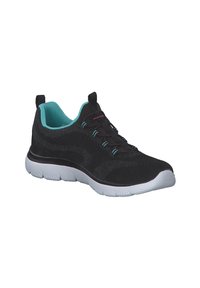 Zapatillas deportivas negras con parte superior de malla, interior turquesa, cordones elásticos y suela de goma blanca con patrones de agarre.