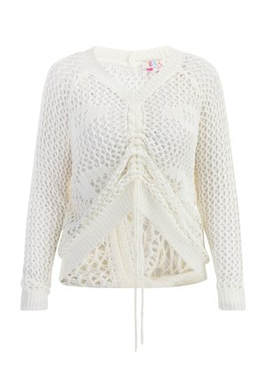 Viegls balts adīts džemperis ar vaļīgu, atvērtu aušanu, V-veida kakla izgriezumu, priekša ar auklu detaļu un ribotām aprocēm.