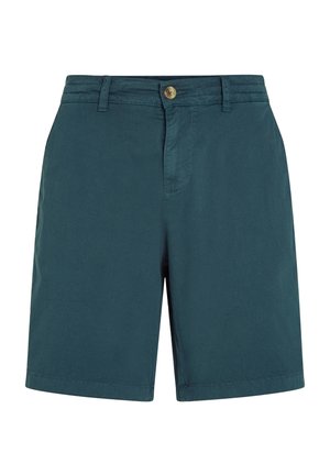 Mėtiniai medvilniniai šortai su priekyje užsegamu mygtuku, dirželio kilpos ir švariu apdaila be matomų raštų ar akcentų.