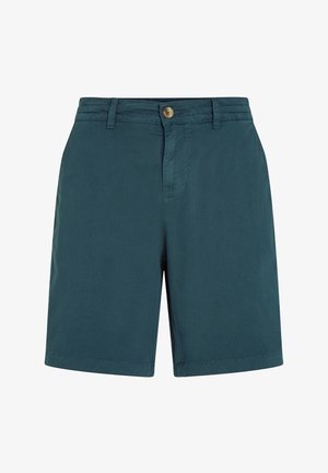 Aqua-kleurige katoenen short met een sluiting aan de voorkant, riemlussen en een schone zoom zonder zichtbare patronen of accenten.