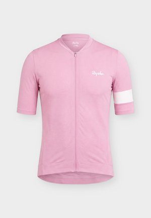 Roze herenfietsjersey met korte mouwen, volledige ritssluiting aan de voorkant, wit logo op de borst en witte streep op de linker mouw.