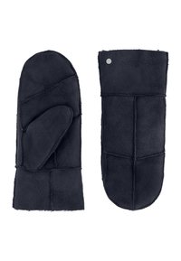 Navy blue shearling mittens with a soft texture, featuring a curved thumb design and stitched panels for durability. Accented with a metal snap.