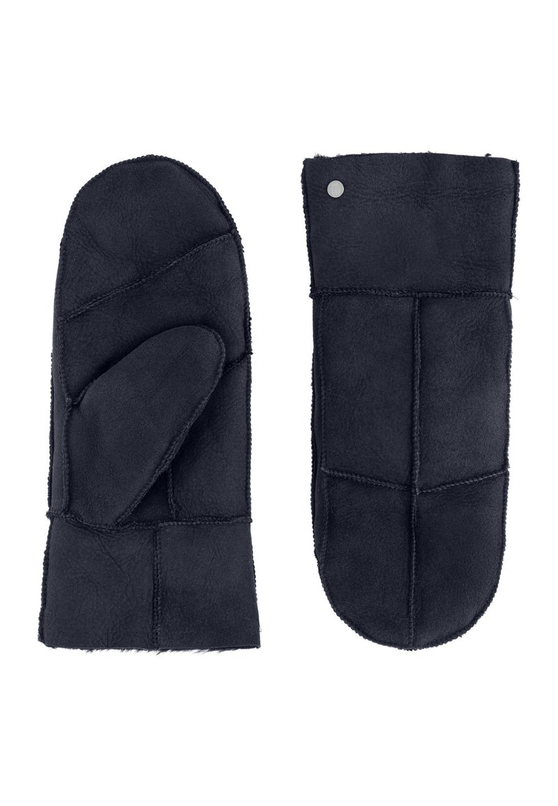 Navy blue shearling mittens with a soft texture, featuring a curved thumb design and stitched panels for durability. Accented with a metal snap.