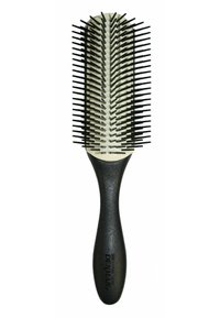 Die Haarbürste mit schwarzem Griff verfügt über ein Zweireihendesign mit Plastikborsten auf einem weißen Untergrund. Robuste Konstruktion, die sich gut zum Entwirren eignet.