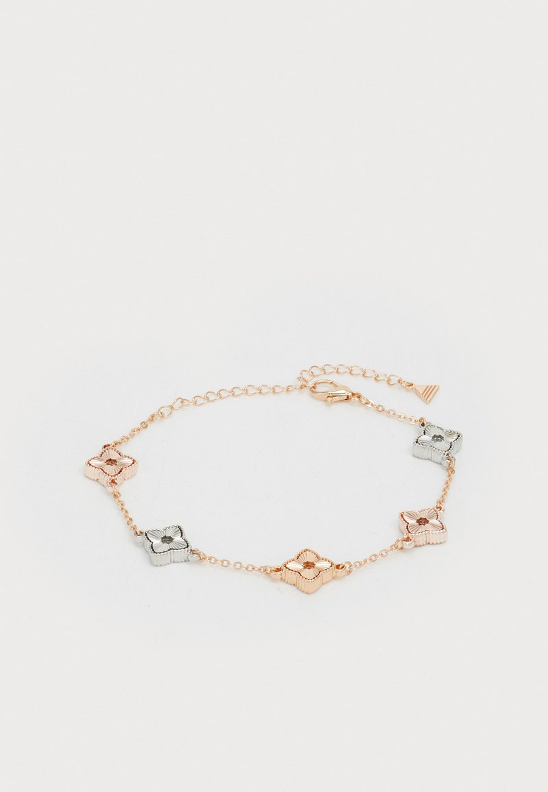 Armband in Gold- und Silberfarbe mit abwechselnd blütenförmigen Gliedern, strukturiertem Design, mit einem Verschluss und einstellbarer Kettenlänge.