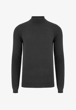 Czarny sweter z golfem, dzianinowy materiał, długie rękawy, dopasowany krój, prążkowany kołnierz i dół, gładka tekstura, brak widocznych wzorów lub elementów metalowych.