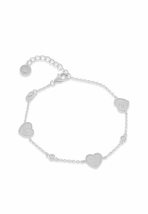 Bracciale a catena argentata con tre ciondoli a forma di cuore con texture e piccole pietre tonde, dotato di chiusura a moschettone e maglie regolabili.