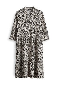 Black and white patterned midi dress with a collar, long sleeves, and a tiered skirt made from lightweight fabric. Features abstract shapes.