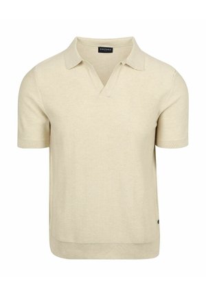 Beige korte mouw gebreide poloshirt met open kraag en geribbelde boorden en zoom, met het merk Suitable bij de halslijn.