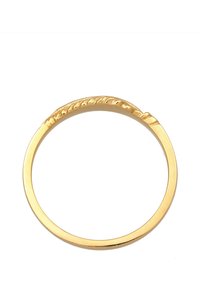Guldring med en glat, poleret bånd og et tekstureret, bølget mønster på den ene side. Enkel og rund i formen.