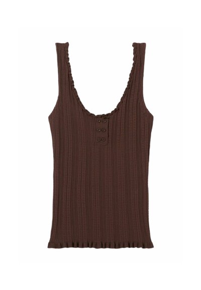 Top marrone a coste con spalline larghe, scollo rotondo, dettaglio con bottoni sulla parte anteriore e orlo arricciato sul fondo.
