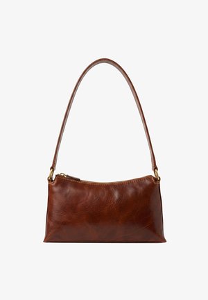 Borsa a tracolla in pelle marrone con una singola tracolla e chiusura con cerniera superiore su sfondo bianco.