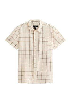 Chemise à manches courtes avec boutonnière de couleur beige, arborant un motif à carreaux brun. Comprend une poche poitrine et un col classique.