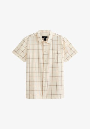 Korte mouwen overhemden in beige, met een geruit patroon in bruin. Inclusief een borstzak en een standaard kraag ontwerp.