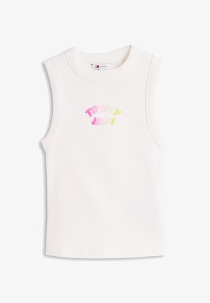 Άσπρο ριμπ αμάνικο τοπ με στρογγυλή λαιμόκοψη και πολύχρωμο λογότυπο "Tommy Jeans" τυπωμένο στο στήθος.