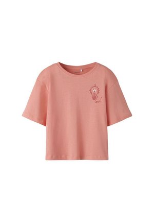 Crop top rose à manches courtes et col rond, avec un motif d'ampoule rouge et le texte « love » sur la poitrine gauche.