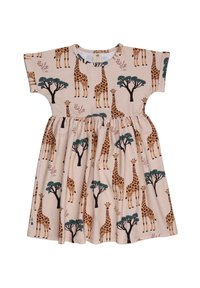 Helles beige Kleid mit einem Muster aus Giraffen und Bäumen, kurzen Ärmeln und einem gerafften Bund für einen ausladenden Rock. Hergestellt aus weichem, atmungsaktivem Stoff.