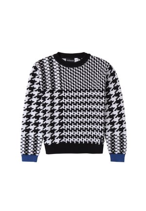 Maglione bianco e nero con motivo a fantasia, con collo a girocollo, caratterizzato da un mix di design pied-de-poule e geometrici, e polsini blu a coste.