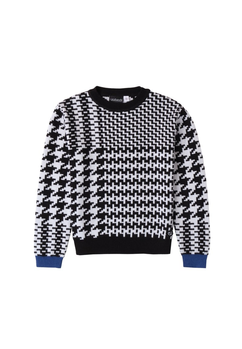 Maglione bianco e nero con motivo a fantasia, con collo a girocollo, caratterizzato da un mix di design pied-de-poule e geometrici, e polsini blu a coste.