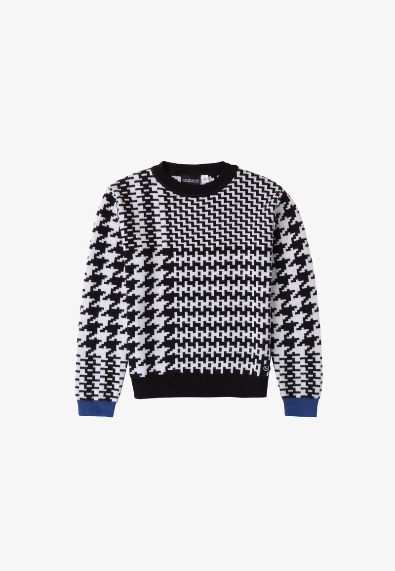 Maglione bianco e nero con motivo a fantasia, con collo a girocollo, caratterizzato da un mix di design pied-de-poule e geometrici, e polsini blu a coste.