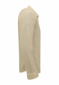 Lichtbeige langemouwen shirt van linnen, met een klassieke kraag en knoop bij de manchetten, met een licht gestructureerd oppervlak.