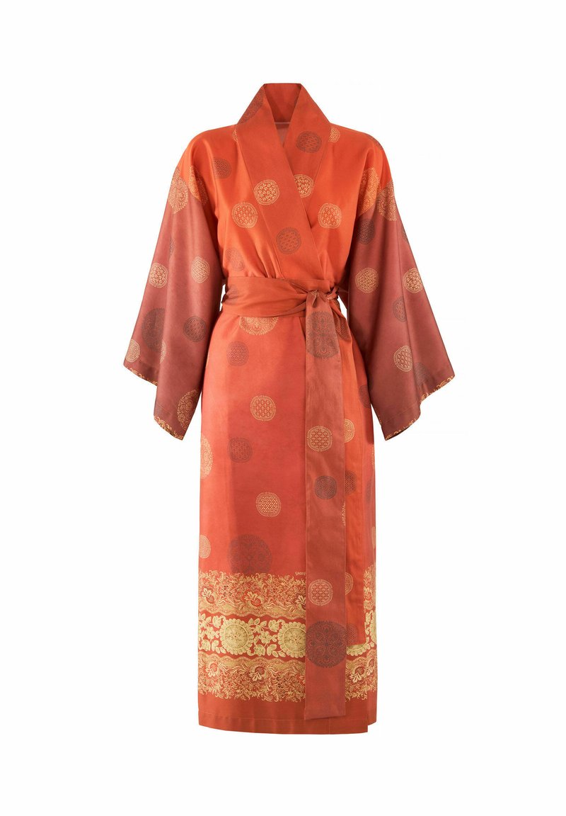 Orange kimono-style robe with large circular patterns, a tied sash, and a decorative gold border at the hem. Soft, smooth fabric texture.