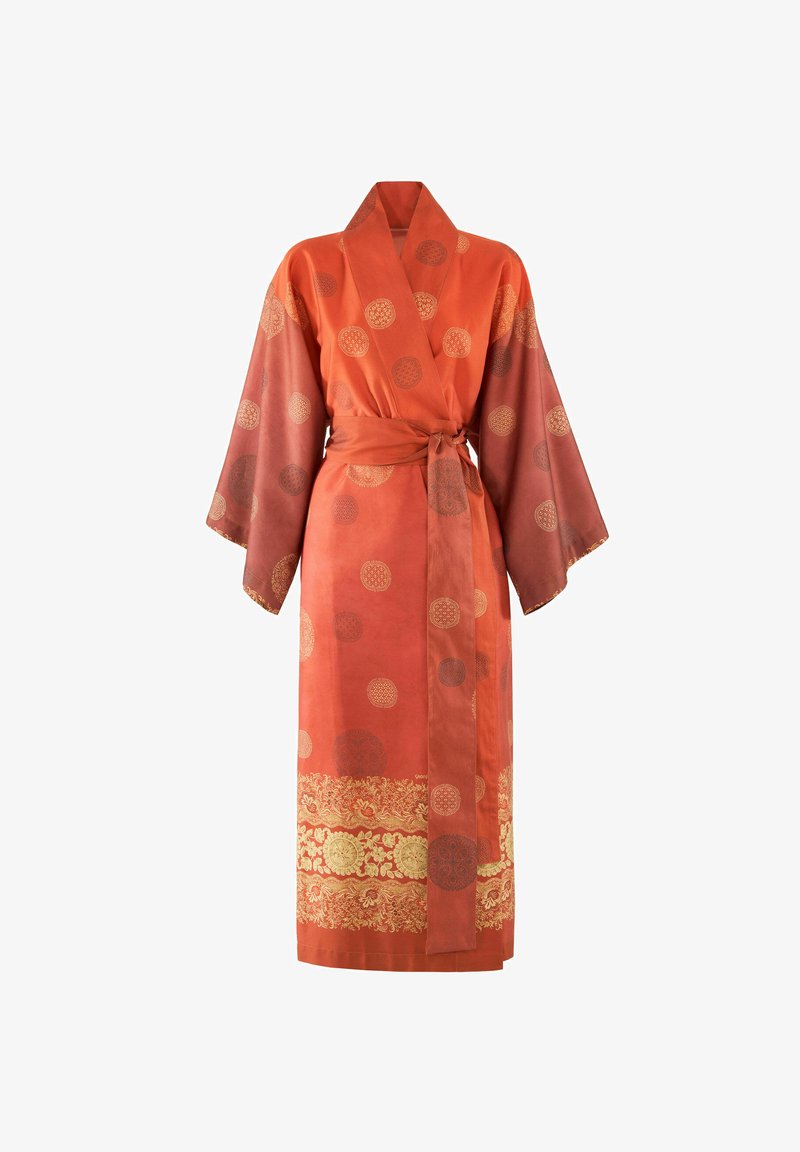 Orange kimono-style robe with large circular patterns, a tied sash, and a decorative gold border at the hem. Soft, smooth fabric texture.