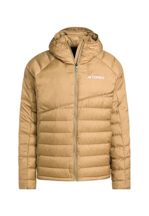 Beige Daunenjacke mit Kapuze, mit gestepptem Textur, Frontreißverschluss und Terrex-Logo. Hergestellt aus isoliertem, leichtem Material.