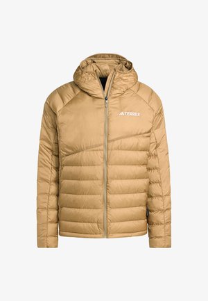 Beige Daunenjacke mit Kapuze, mit gestepptem Textur, Frontreißverschluss und Terrex-Logo. Hergestellt aus isoliertem, leichtem Material.