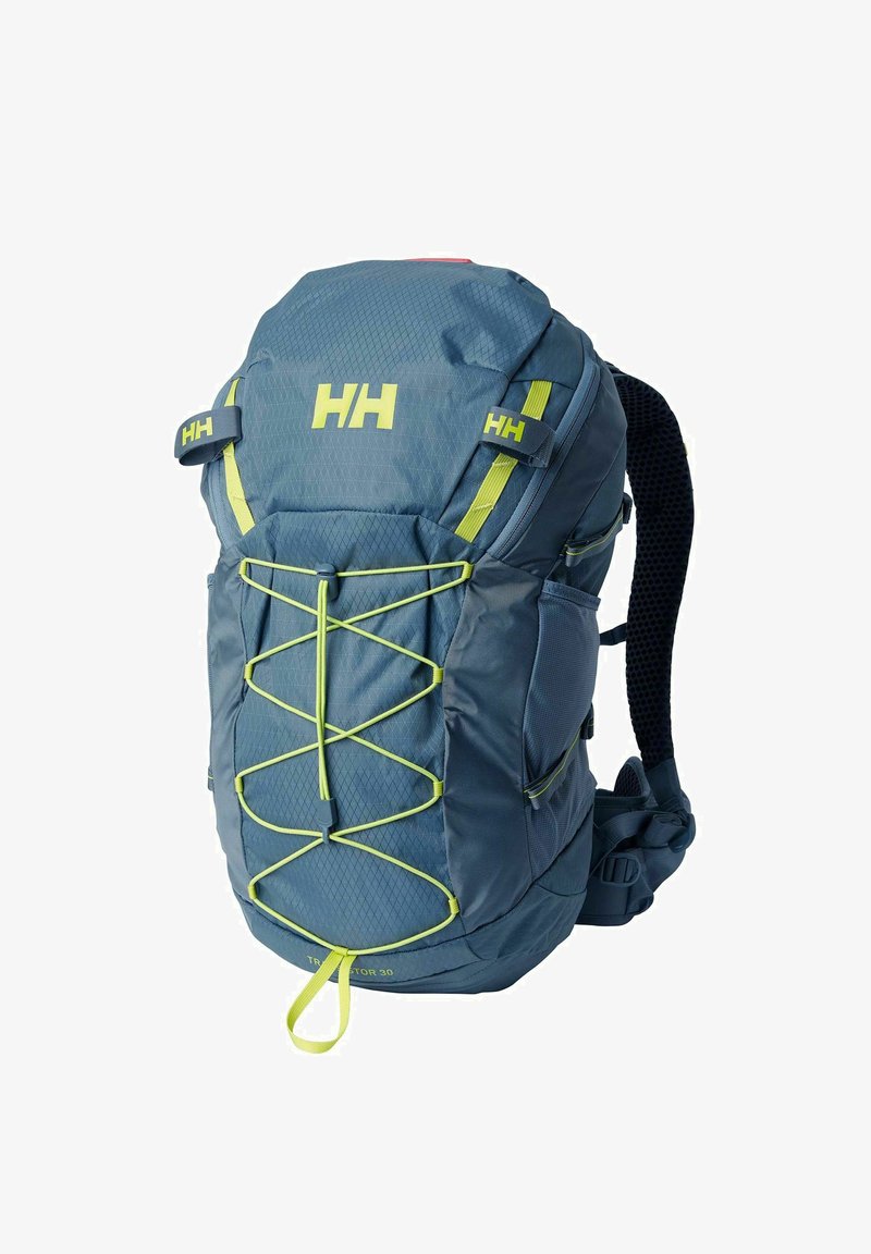 Wandelrugzak in blauw en groen met een gestructureerde afwerking. Beschikt over verstelbare schouderbanden, een bungee koord sluiting en zijzakken.