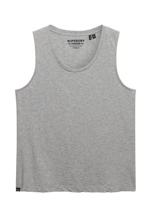 Grå ærmeløs bomuldstop med rund hals og Superdry Premium-logo indvendigt på kraven.