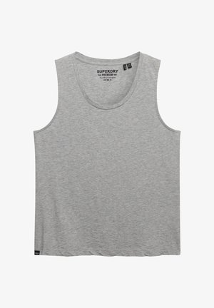 Grå ærmeløs bomuldstop med rund hals og Superdry Premium-logo indvendigt på kraven.