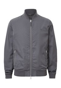 Giacca bomber grigia con colletto a costine, zip frontale e due tasche laterali. Texture liscia con logo tono su tono sul petto.