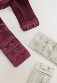 Vinsvage elastiske bh-stropper med krog-og-øje-lukninger, ved siden af to beige stropforlængere med matchende hardware og teksturerede overflader.