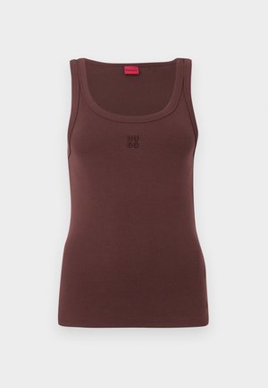 Brown sleeveless tank top made of soft fabric, featuring a round neckline and subtle embroidered "HUGO" logo on the front.