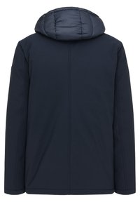 Marineblaue Jacke mit einer auffälligen Kapuze, weichem Textilfinish und vertikalen Nähten. Sie weist ein minimalistisches Design ohne sichtbare Verschlüsse auf.