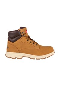 Stivale da trekking in pelle marrone con collo imbottito marrone, suola crema e occhielli in metallo. Presenta cuciture e logo sul lato.