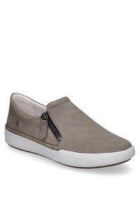 Graue Slipper aus perforiertem Material mit seitlichem Reißverschluss, weißer Gummisohle und dezenten Nähten.