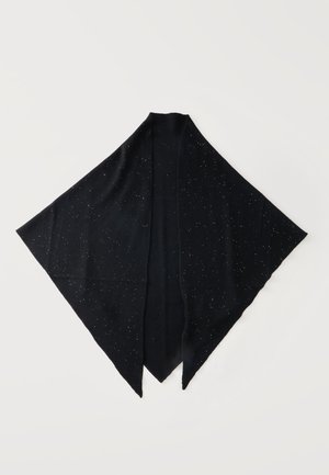 Sort trekantet tørklæde med små hvide pletter spredt ud over stoffet, lagt fladt på en hvid baggrund.