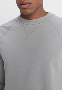 Felpa grigia a maniche lunghe con scollo rotondo. Presenta una texture a costine nel colletto e maniche raglan. Finitura del tessuto liscia.