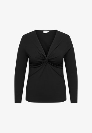 Black long-sleeve fitted top with deep V-neck and twisted knot detail at front center.