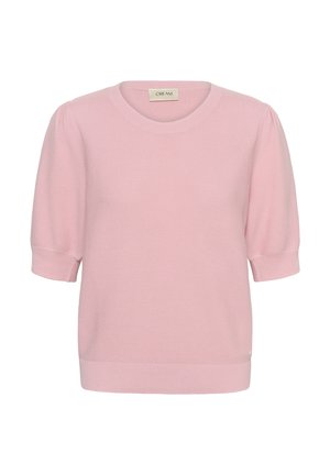 Haut en maille rose pâle à manches courtes avec encolure ronde et poignets ainsi que bordure en côtes, étiquette "CREAM" au col.